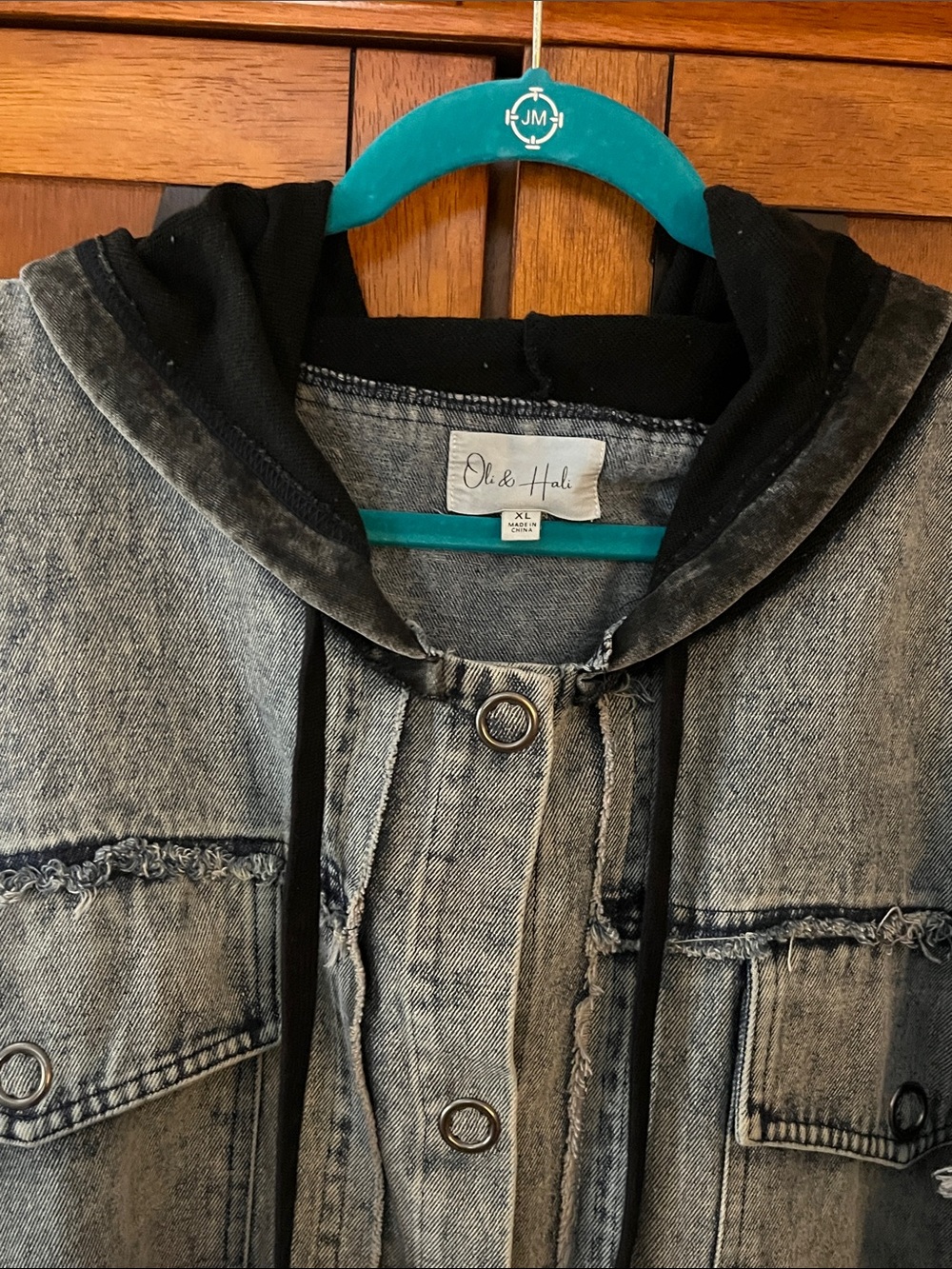 Oli & Hali Oversized Washed Black Fabric/Blue Denim Hooded Jacket w/Pockets - Picture 3 of 16